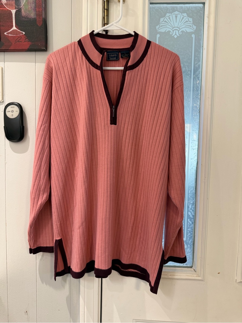 Laura Scott Rose Pink Ribbed V-Neck Sweater with Burgundy Trim